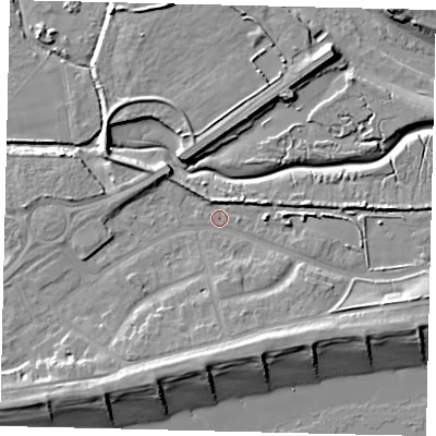 Shaded relief map of the ground around BN435YA, computed from Environment Agency LiDAR. The ground here sits at about 2 m above sea level and falls 11 m across the surrounding 800 m. Surface water reaching this point runs off ground lying to the south, 5.8 m higher.