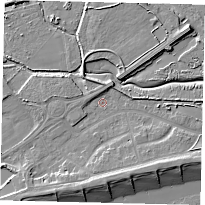 Shaded relief map of the ground around BN435YB, computed from Environment Agency LiDAR. The ground here sits at about 2 m above sea level and falls 11 m across the surrounding 800 m. Surface water reaching this point runs off ground lying to the north-north-west, 2.6 m higher.
