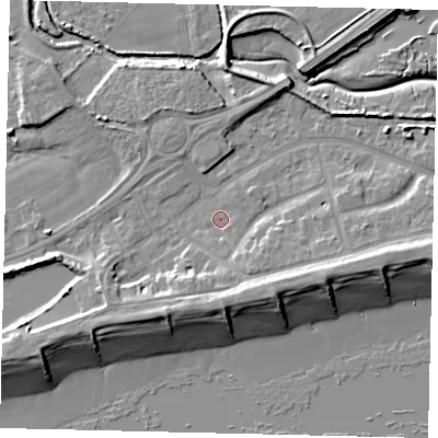 Shaded relief map of the ground around BN435YD, computed from Environment Agency LiDAR. The ground here sits at about 2 m above sea level and falls 10 m across the surrounding 800 m. Surface water reaching this point runs off ground lying to the south-south-west, 5.2 m higher.