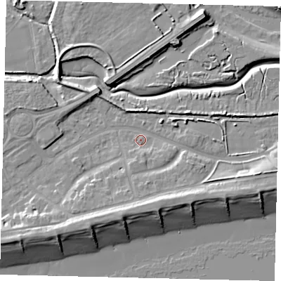 Shaded relief map of the ground around BN435YE, computed from Environment Agency LiDAR. The ground here sits at about 2 m above sea level and falls 11 m across the surrounding 800 m. Surface water reaching this point runs off ground lying to the south-south-east, 5.4 m higher.