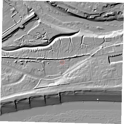 Shaded relief map of the ground around BN435YF, computed from Environment Agency LiDAR. The ground here sits at about 2 m above sea level and falls 11 m across the surrounding 800 m. Surface water reaching this point runs off ground lying to the south-east, 5.6 m higher.
