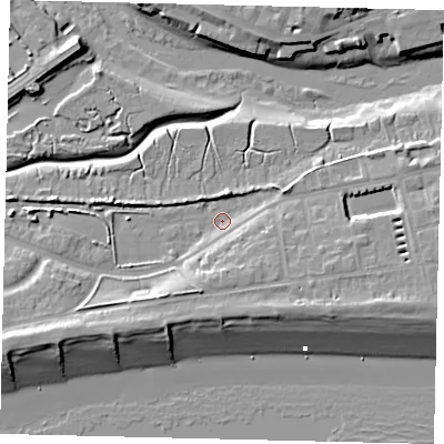 Shaded relief map of the ground around BN435YG, computed from Environment Agency LiDAR. The ground here sits at about 2 m above sea level and falls 11 m across the surrounding 800 m. Surface water reaching this point runs off ground lying to the east-south-east, 5.5 m higher.