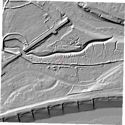Shaded relief map of the ground around BN435YH, computed from Environment Agency LiDAR. The ground here sits at about 2 m above sea level and falls 11 m across the surrounding 800 m. Surface water reaching this point runs off ground lying to the south, 5.9 m higher.