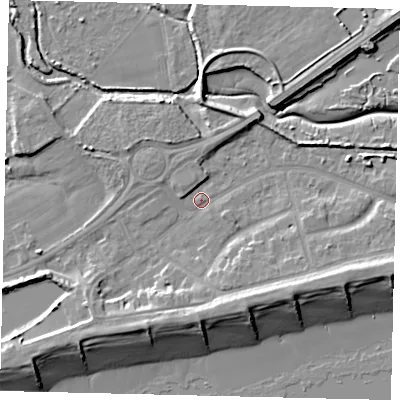 Shaded relief map of the ground around BN435YL, computed from Environment Agency LiDAR. The ground here sits at about 2 m above sea level and falls 10 m across the surrounding 800 m. Surface water reaching this point runs off ground lying to the south-east, 5.7 m higher.