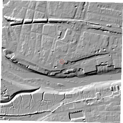 Shaded relief map of the ground around BN435ZE, computed from Environment Agency LiDAR. The ground here sits at about 6 m above sea level and falls 12 m across the surrounding 800 m. Surface water reaching this point runs off ground lying to the north, 1.5 m higher.