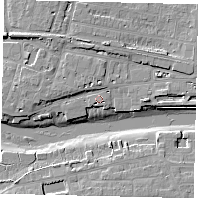 Shaded relief map of the ground around BN436DG, computed from Environment Agency LiDAR. The ground here sits at about 4 m above sea level and falls 12 m across the surrounding 800 m. The ground contributing surface water to this point lies to the south-west.