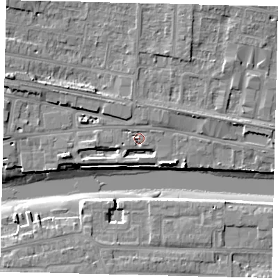 Shaded relief map of the ground around BN436DR, computed from Environment Agency LiDAR. The ground here sits at about 5 m above sea level and falls 13 m across the surrounding 800 m. Surface water reaching this point runs off ground lying to the north, 1.6 m higher.