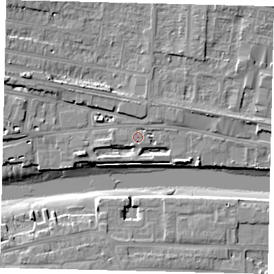 Shaded relief map of the ground around BN436DS, computed from Environment Agency LiDAR. The ground here sits at about 4 m above sea level and falls 13 m across the surrounding 800 m. Surface water reaching this point runs off ground lying to the east-north-east, 2.8 m higher.