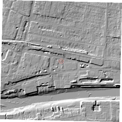 Shaded relief map of the ground around BN436EW, computed from Environment Agency LiDAR. The ground here sits at about 4 m above sea level and falls 12 m across the surrounding 800 m. Surface water reaching this point runs off ground lying to the west-north-west, 5.0 m higher.