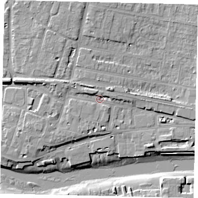 Shaded relief map of the ground around BN436PA, computed from Environment Agency LiDAR. The ground here sits at about 5 m above sea level and falls 12 m across the surrounding 800 m. Surface water reaching this point runs off ground lying to the west-north-west, 3.4 m higher.
