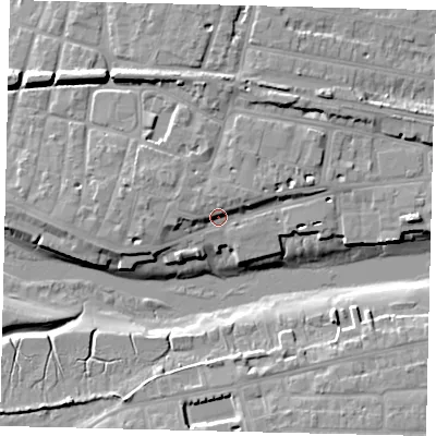 Shaded relief map of the ground around BN436RA, computed from Environment Agency LiDAR. The ground here sits at about 4 m above sea level and falls 12 m across the surrounding 800 m. Surface water reaching this point runs off ground lying to the west-north-west, 6.1 m higher.