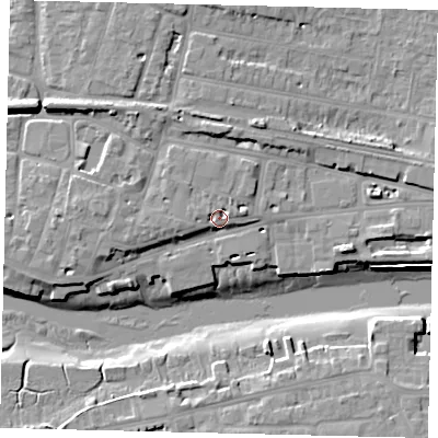 Shaded relief map of the ground around BN436RB, computed from Environment Agency LiDAR. The ground here sits at about 6 m above sea level and falls 12 m across the surrounding 800 m. Surface water reaching this point runs off ground lying to the west-north-west, 3.2 m higher.