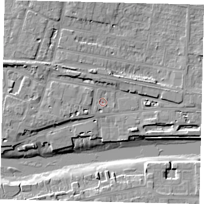 Shaded relief map of the ground around BN436RD, computed from Environment Agency LiDAR. The ground here sits at about 4 m above sea level and falls 12 m across the surrounding 800 m. Surface water reaching this point runs off ground lying to the south-west, 1.8 m higher.