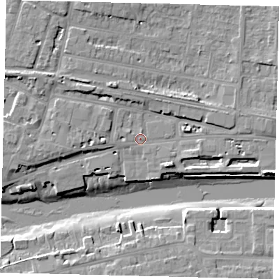 Shaded relief map of the ground around BN436RE, computed from Environment Agency LiDAR. The ground here sits at about 4 m above sea level and falls 12 m across the surrounding 800 m. Surface water reaching this point runs off ground lying to the west, 1.7 m higher.