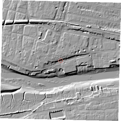 Shaded relief map of the ground around BN436RF, computed from Environment Agency LiDAR. The ground here sits at about 5 m above sea level and falls 12 m across the surrounding 800 m. Surface water reaching this point runs off ground lying to the west-north-west, 6.1 m higher.