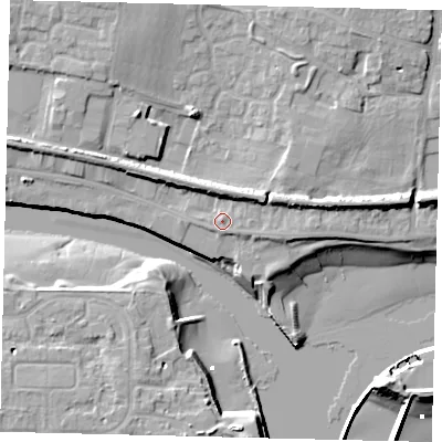 Shaded relief map of the ground around BN436RH, computed from Environment Agency LiDAR. The ground here sits at about 5 m above sea level and falls 12 m across the surrounding 800 m. Surface water reaching this point runs off ground lying to the east-north-east, 5.1 m higher.