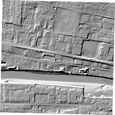 Shaded relief map of the ground around BN436RJ, computed from Environment Agency LiDAR. The ground here sits at about 6 m above sea level and falls 14 m across the surrounding 800 m. Surface water reaching this point runs off ground lying to the north-east, 1.0 m higher.