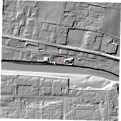 Shaded relief map of the ground around BN436RN, computed from Environment Agency LiDAR. The ground here sits at about 4 m above sea level and falls 13 m across the surrounding 800 m. Surface water reaching this point runs off ground lying to the west, 5.1 m higher.