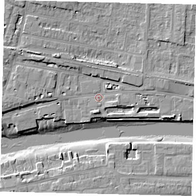Shaded relief map of the ground around BN436RW, computed from Environment Agency LiDAR. The ground here sits at about 4 m above sea level and falls 12 m across the surrounding 800 m. Surface water reaching this point runs off ground lying to the west-south-west, 1.3 m higher.