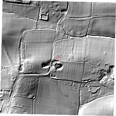 Shaded relief map of the ground around BN443AA, computed from Environment Agency LiDAR. The ground here sits at about 26 m above sea level and falls 27 m across the surrounding 800 m. Surface water reaching this point runs off ground lying to the east-south-east, 1.4 m higher.