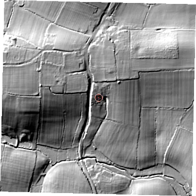 Shaded relief map of the ground around BN443AN, computed from Environment Agency LiDAR. The ground here sits at about 16 m above sea level and falls 23 m across the surrounding 800 m. Surface water reaching this point runs off ground lying to the north-north-west, 4.7 m higher.