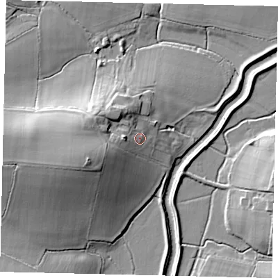 Shaded relief map of the ground around BN443AQ, computed from Environment Agency LiDAR. The ground here sits at about 9 m above sea level and falls 17 m across the surrounding 800 m. Surface water reaching this point runs off ground lying to the west, 5.2 m higher.