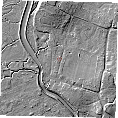 Shaded relief map of the ground around BN443BY, computed from Environment Agency LiDAR. The ground here sits at about 4 m above sea level and falls 11 m across the surrounding 800 m. Surface water reaching this point runs off ground lying to the east-south-east, 4.8 m higher.