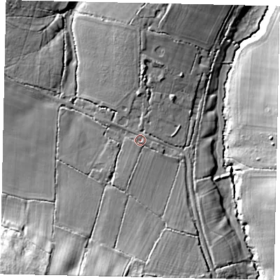 Shaded relief map of the ground around BN443DH, computed from Environment Agency LiDAR. The ground here sits at about 26 m above sea level and falls 38 m across the surrounding 800 m. Surface water reaching this point runs off ground lying to the south-south-west, 1.9 m higher.