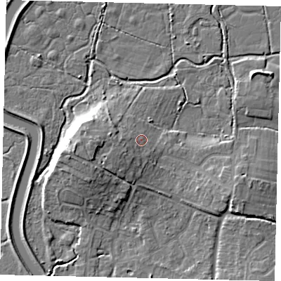 Shaded relief map of the ground around BN443HF, computed from Environment Agency LiDAR. The ground here sits at about 6 m above sea level and falls 10 m across the surrounding 800 m. Surface water reaching this point runs off ground lying to the west, 6.4 m higher.