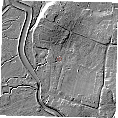 Shaded relief map of the ground around BN443HP, computed from Environment Agency LiDAR. The ground here sits at about 3 m above sea level and falls 11 m across the surrounding 800 m. Surface water reaching this point runs off ground lying to the north, 9.3 m higher.