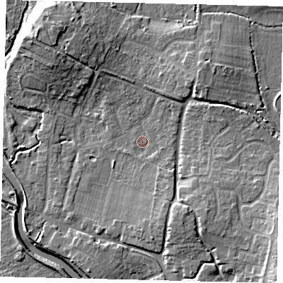 Shaded relief map of the ground around BN443HR, computed from Environment Agency LiDAR. The ground here sits at about 5 m above sea level and falls 13 m across the surrounding 800 m. Surface water reaching this point runs off ground lying to the south-east, 2.6 m higher.