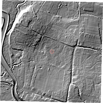 Shaded relief map of the ground around BN443HT, computed from Environment Agency LiDAR. The ground here sits at about 4 m above sea level and falls 11 m across the surrounding 800 m. Surface water reaching this point runs off ground lying to the north-north-west, 1.9 m higher.