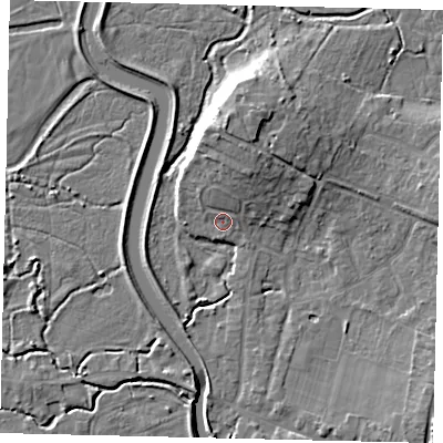 Shaded relief map of the ground around BN443HU, computed from Environment Agency LiDAR. The ground here sits at about 5 m above sea level and falls 10 m across the surrounding 800 m. Surface water reaching this point runs off ground lying to the north, 3.2 m higher.