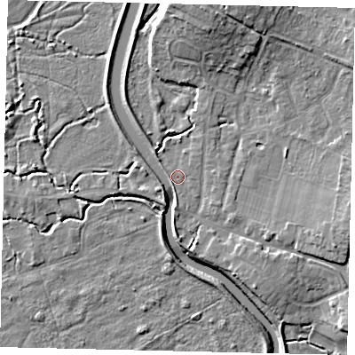 Shaded relief map of the ground around BN443HW, computed from Environment Agency LiDAR. The ground here sits at about 4 m above sea level and falls 10 m across the surrounding 800 m. Surface water reaching this point runs off ground lying to the north-north-east, 8.3 m higher.