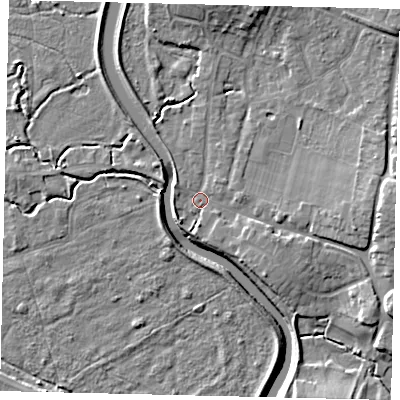 Shaded relief map of the ground around BN443HZ, computed from Environment Agency LiDAR. The ground here sits at about 4 m above sea level and falls 9 m across the surrounding 800 m. Surface water reaching this point runs off ground lying to the east, 7.1 m higher.