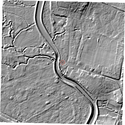 Shaded relief map of the ground around BN443JA, computed from Environment Agency LiDAR. The ground here sits at about 4 m above sea level and falls 8 m across the surrounding 800 m. Surface water reaching this point runs off ground lying to the east, 6.6 m higher.