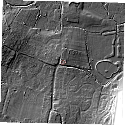 Shaded relief map of the ground around BN443JD, computed from Environment Agency LiDAR. The ground here sits at about 6 m above sea level and falls 30 m across the surrounding 800 m. Surface water reaching this point runs off ground lying to the south, 5.2 m higher.