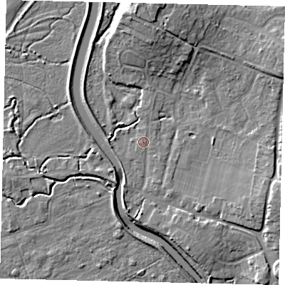 Shaded relief map of the ground around BN443JH, computed from Environment Agency LiDAR. The ground here sits at about 4 m above sea level and falls 11 m across the surrounding 800 m. Surface water reaching this point runs off ground lying to the north, 9.3 m higher.
