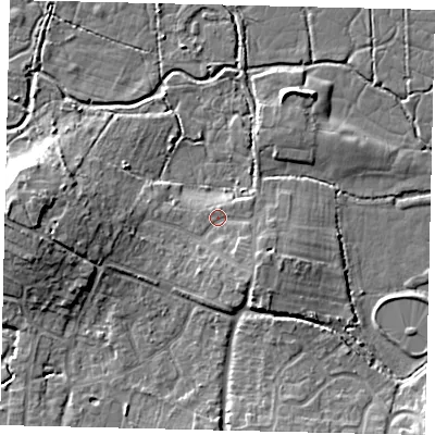 Shaded relief map of the ground around BN443JW, computed from Environment Agency LiDAR. The ground here sits at about 4 m above sea level and falls 10 m across the surrounding 800 m. Surface water reaching this point runs off ground lying to the south-east, 2.3 m higher.