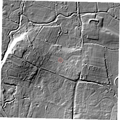 Shaded relief map of the ground around BN443JX, computed from Environment Agency LiDAR. The ground here sits at about 4 m above sea level and falls 10 m across the surrounding 800 m. Surface water reaching this point runs off ground lying to the west, 6.3 m higher.