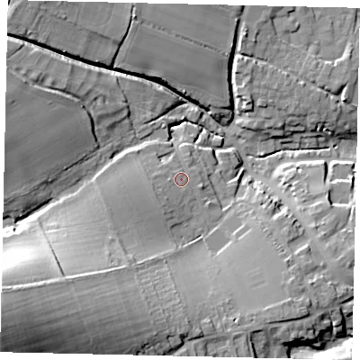 Shaded relief map of the ground around BN443LN, computed from Environment Agency LiDAR. The ground here sits at about 19 m above sea level and falls 45 m across the surrounding 800 m. Surface water reaching this point runs off ground lying to the west-south-west, 2.7 m higher.