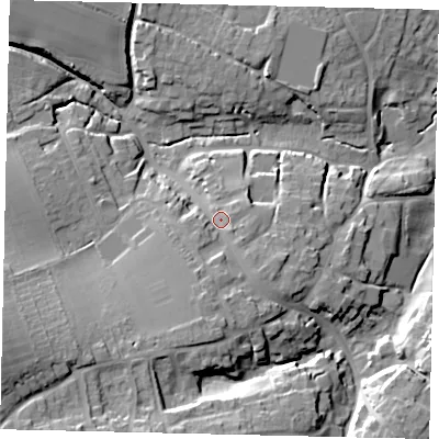 Shaded relief map of the ground around BN443RD, computed from Environment Agency LiDAR. The ground here sits at about 18 m above sea level and falls 31 m across the surrounding 800 m. Surface water reaching this point runs off ground lying to the south-south-west, 7.8 m higher.