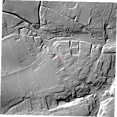 Shaded relief map of the ground around BN443RE, computed from Environment Agency LiDAR. The ground here sits at about 18 m above sea level and falls 31 m across the surrounding 800 m. Surface water reaching this point runs off ground lying to the south, 8.7 m higher.