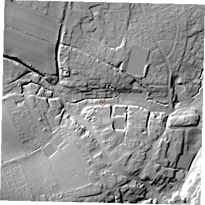 Shaded relief map of the ground around BN443RJ, computed from Environment Agency LiDAR. The ground here sits at about 12 m above sea level and falls 30 m across the surrounding 800 m. Surface water reaching this point runs off ground lying to the south-west, 24.5 m higher.