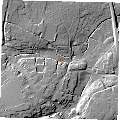 Shaded relief map of the ground around BN443RL, computed from Environment Agency LiDAR. The ground here sits at about 10 m above sea level and falls 22 m across the surrounding 800 m. Surface water reaching this point runs off ground lying to the south-south-west, 11.2 m higher.