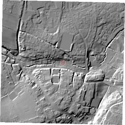 Shaded relief map of the ground around BN443RR, computed from Environment Agency LiDAR. The ground here sits at about 10 m above sea level and falls 24 m across the surrounding 800 m. Surface water reaching this point runs off ground lying to the south-west, 16.6 m higher.