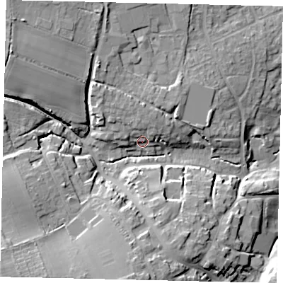Shaded relief map of the ground around BN443RZ, computed from Environment Agency LiDAR. The ground here sits at about 14 m above sea level and falls 29 m across the surrounding 800 m. Surface water reaching this point runs off ground lying to the north, 5.5 m higher.