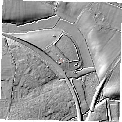 Shaded relief map of the ground around BN443SF, computed from Environment Agency LiDAR. The ground here sits at about 10 m above sea level and falls 13 m across the surrounding 800 m. Surface water reaching this point runs off ground lying to the west-north-west, 0.8 m higher.