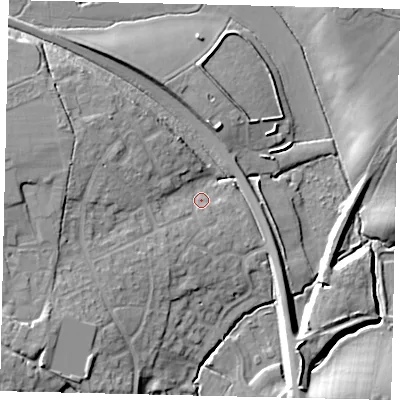 Shaded relief map of the ground around BN443SN, computed from Environment Agency LiDAR. The ground here sits at about 8 m above sea level and falls 15 m across the surrounding 800 m. Surface water reaching this point runs off ground lying to the south-west, 11.5 m higher.