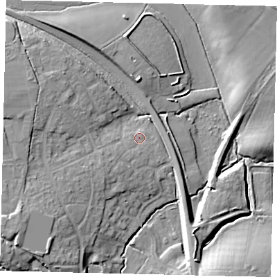 Shaded relief map of the ground around BN443SP, computed from Environment Agency LiDAR. The ground here sits at about 8 m above sea level and falls 15 m across the surrounding 800 m. Surface water reaching this point runs off ground lying to the south-west, 2.0 m higher.